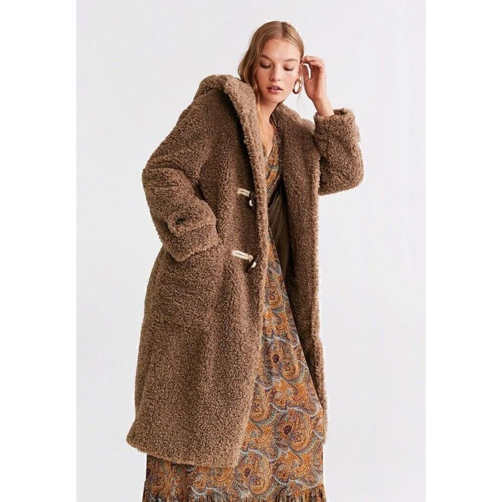Mango Renne Brown Teddy Shearling Coat Hooded Coat toggle closure sz XS